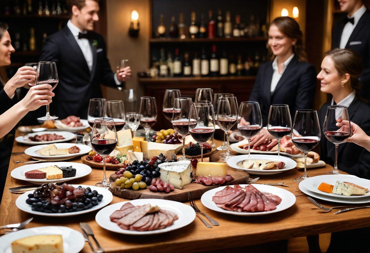 A beautifully arranged table setting with a selection of exquisite wine bottles, crystal glasses filled with rich red and white wines, and elegant cheese and charcuterie platters. In the background, a cozy ambiance with soft lighting and a chalkboard displaying sommelier tips. A cheerful sommelier offers a toast, embodying warmth and expertise. painting. warm tones. elegant atmosphere.