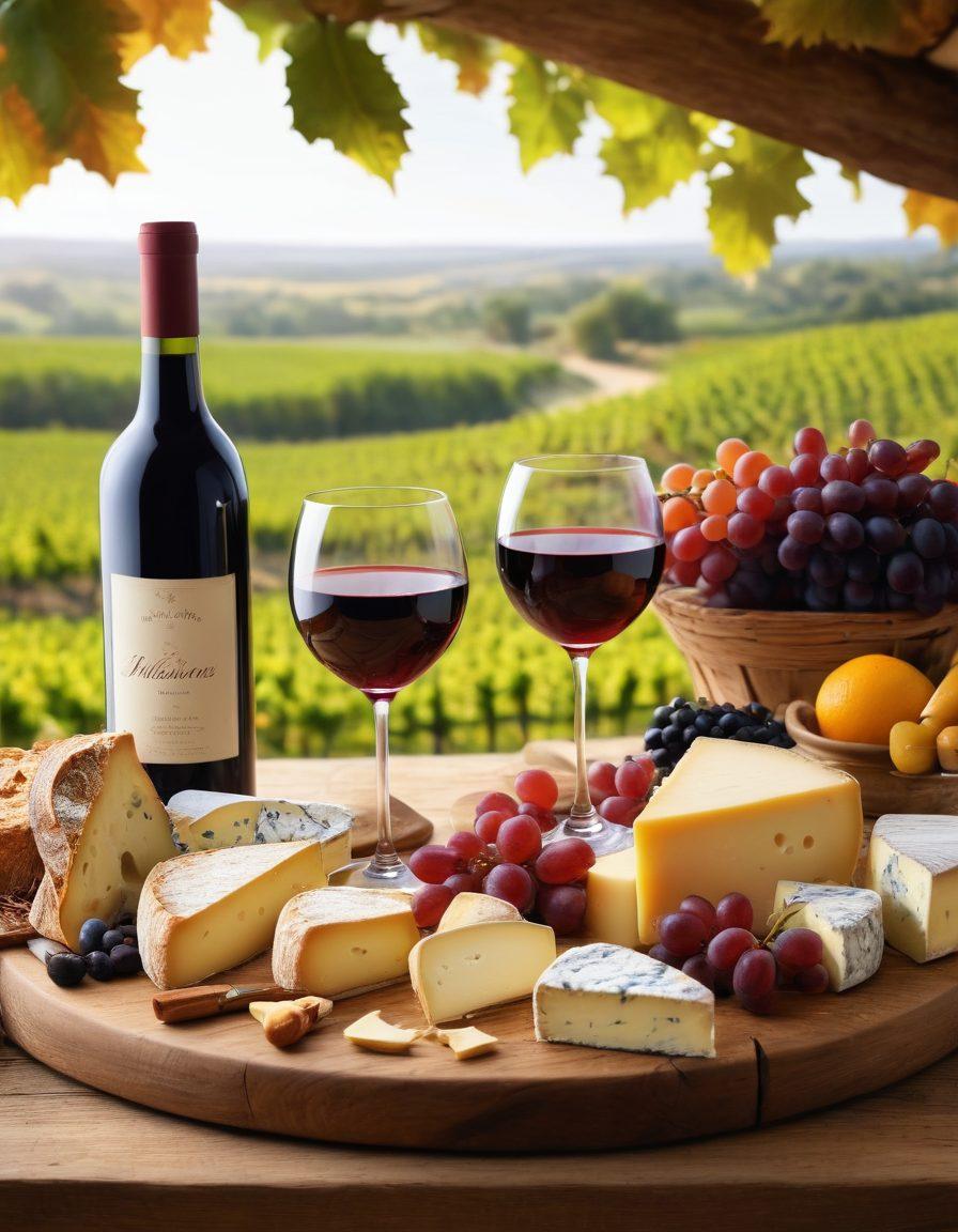 A beautifully arranged wine tasting scene featuring elegant wine glasses filled with rich red and crisp white wines, surrounded by an array of gourmet cheeses, fresh fruits, and artisanal bread. Incorporate a soft, inviting atmosphere with warm lighting and a rustic wooden table to evoke joy and relaxation. The background should include a vineyard landscape, enhancing the wine's origin story. super-realistic. vibrant colors. warm tones.