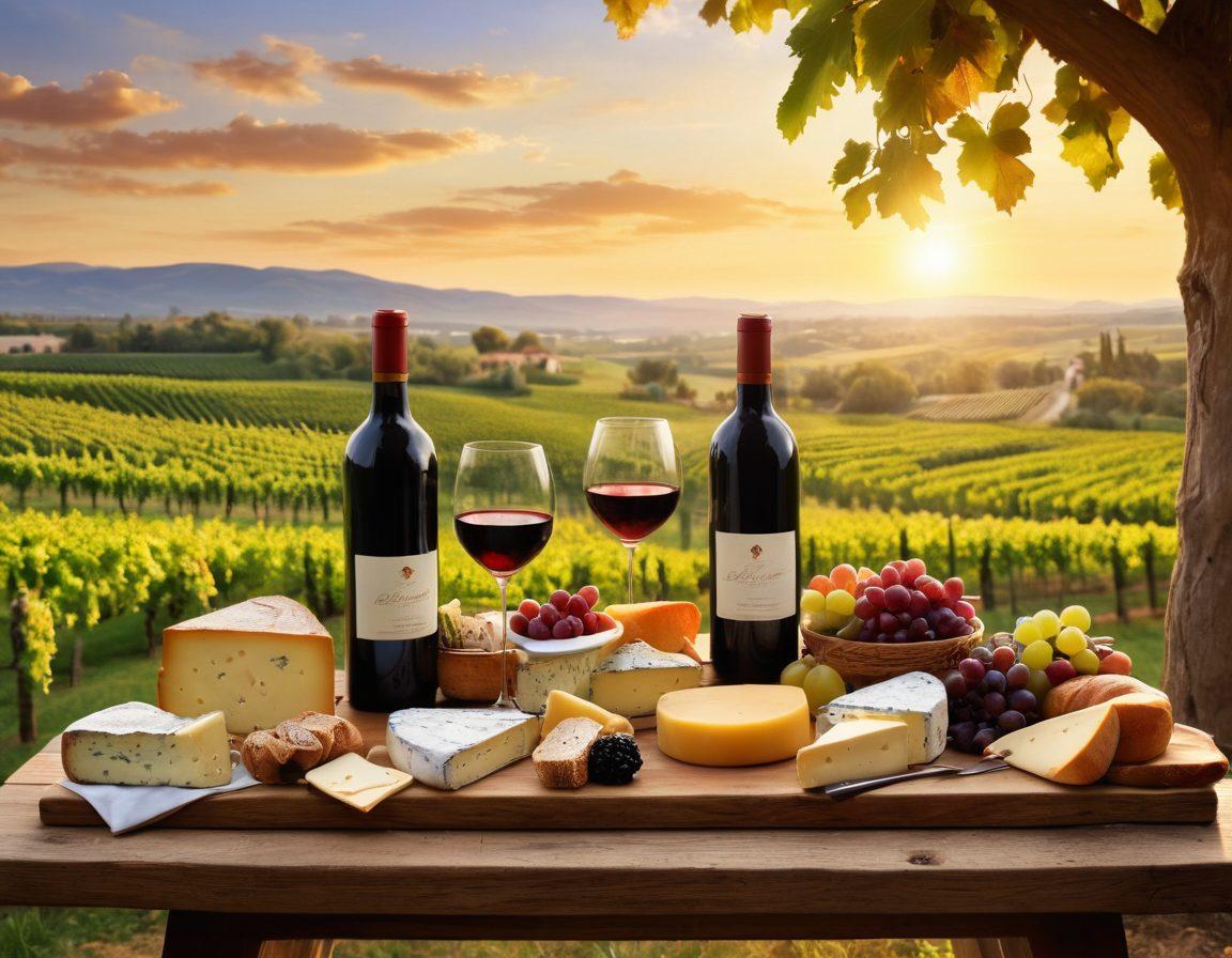 An elegant wine table set against a vineyard backdrop, showcasing a variety of wine bottles and glasses paired with gourmet cheeses, fruits, and breads. The scene should capture a warm sunset illuminating the vineyard, with grapevines in the foreground and a rustic wooden table laden with delectable pairings. Include a wine enthusiast savoring the moment, embodying the essence of wine appreciation. cinematic, warm colors, super-realistic.